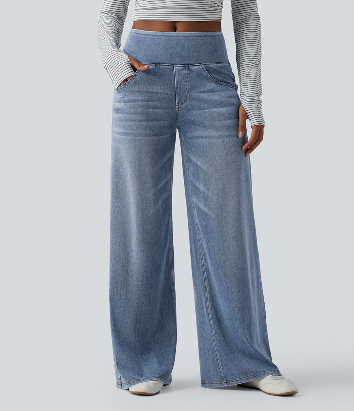 Halary Flex™ - Lässige, gewaschene Baggy-Jeans aus drapiertem Lyocell mit mittelhohem Bund, mehreren Taschen und weitem Bein