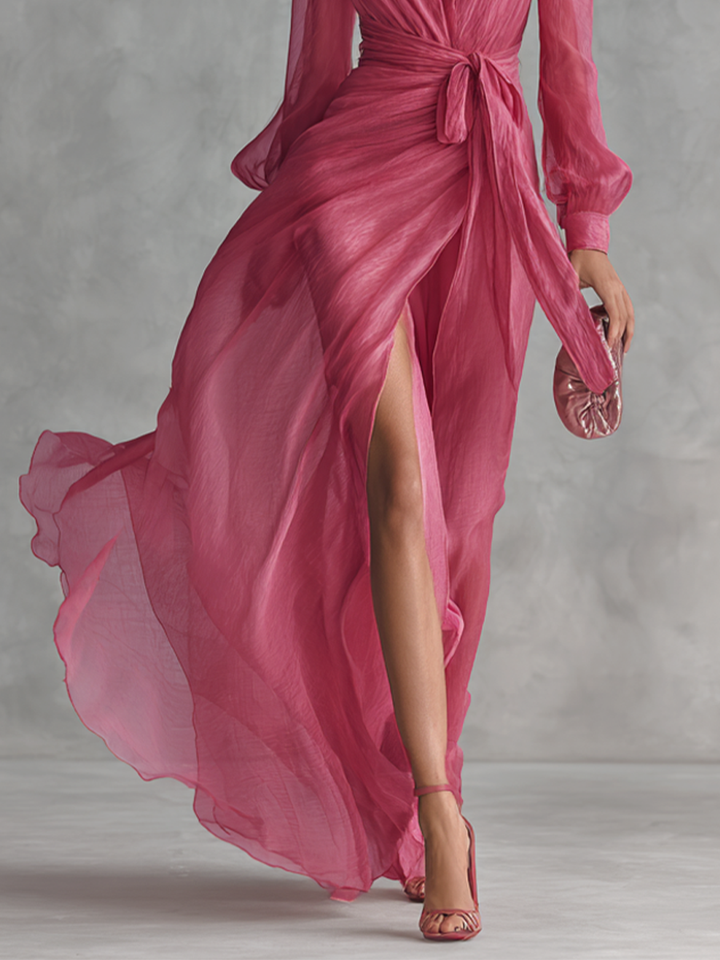 Mia | Rosa Chiffon Maxikleid V-Ausschnitt