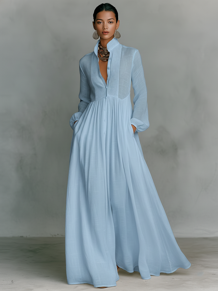 Zoey | Patchwork Baumwoll Leinen Maxikleid Stehkragen