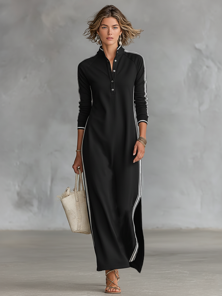 Laura | Sweat Maxikleid Knopfkragen Weißer Saum