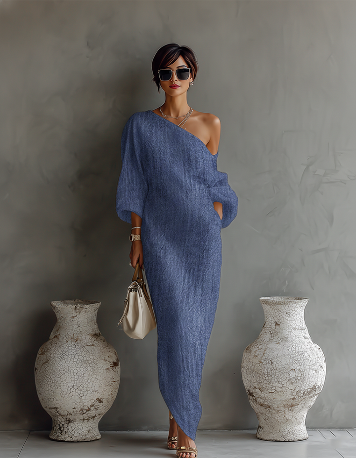Isabella | Fließendes Leinen Kleid Off-Shoulder