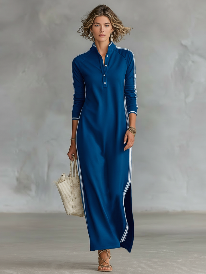 Laura | Sweat Maxikleid Knopfkragen Weißer Saum