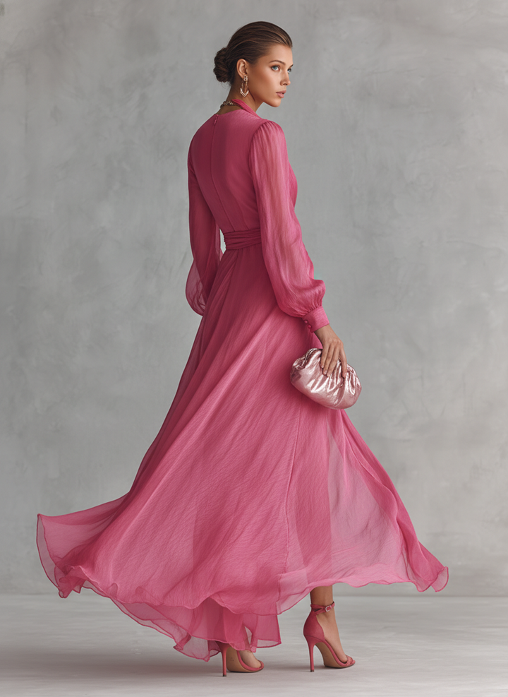 Mia | Rosa Chiffon Maxikleid V-Ausschnitt