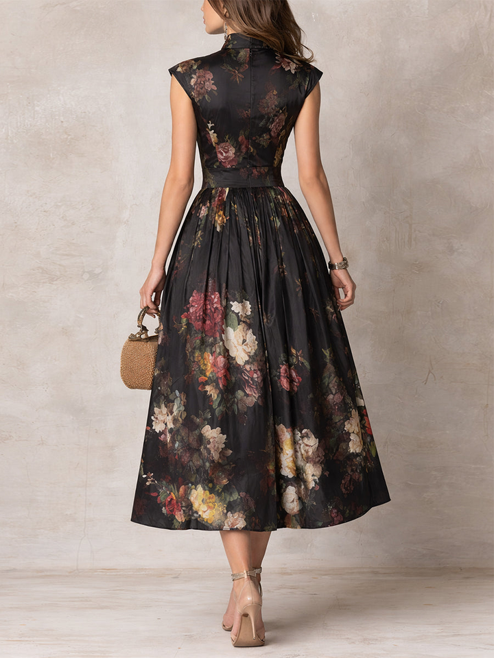 Patricia | Schwarzes Blumen Satin Falten Midi Kleid