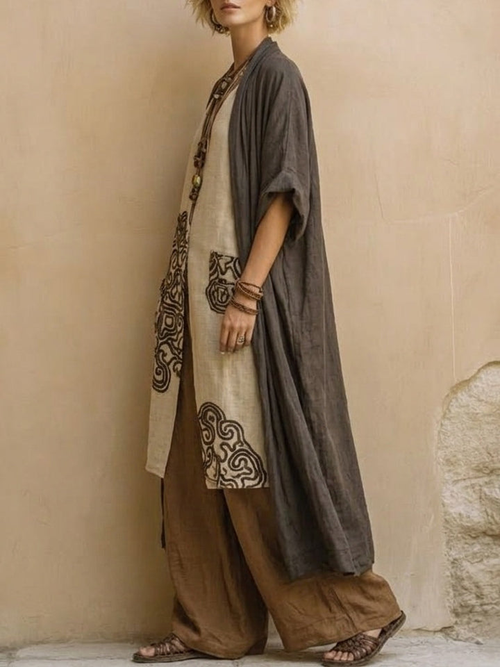 Sophie | Dunkelgrau & Braun Tribal-Print Drei-Teile-Set