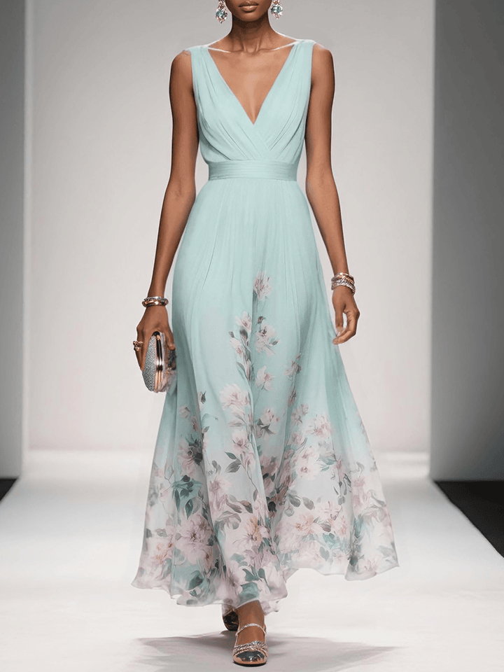 Rose | Hellblaues Floral Chiffon V-Ausschnitt Maxikleid