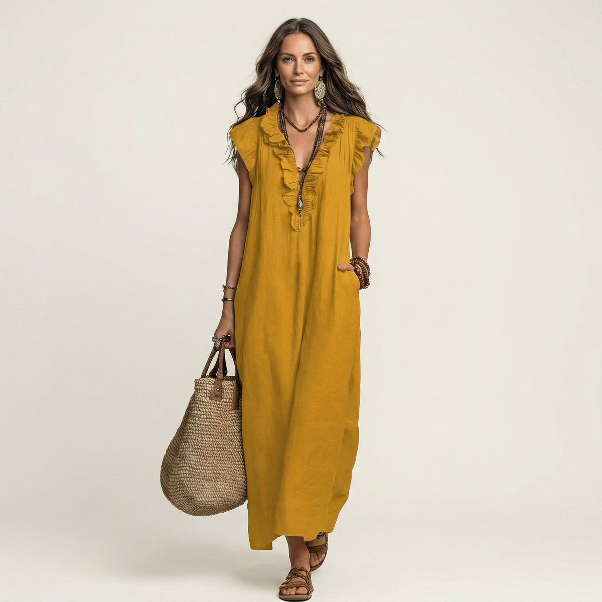 Josette | Rüschenshirt V-Ausschnitt Maxikleid