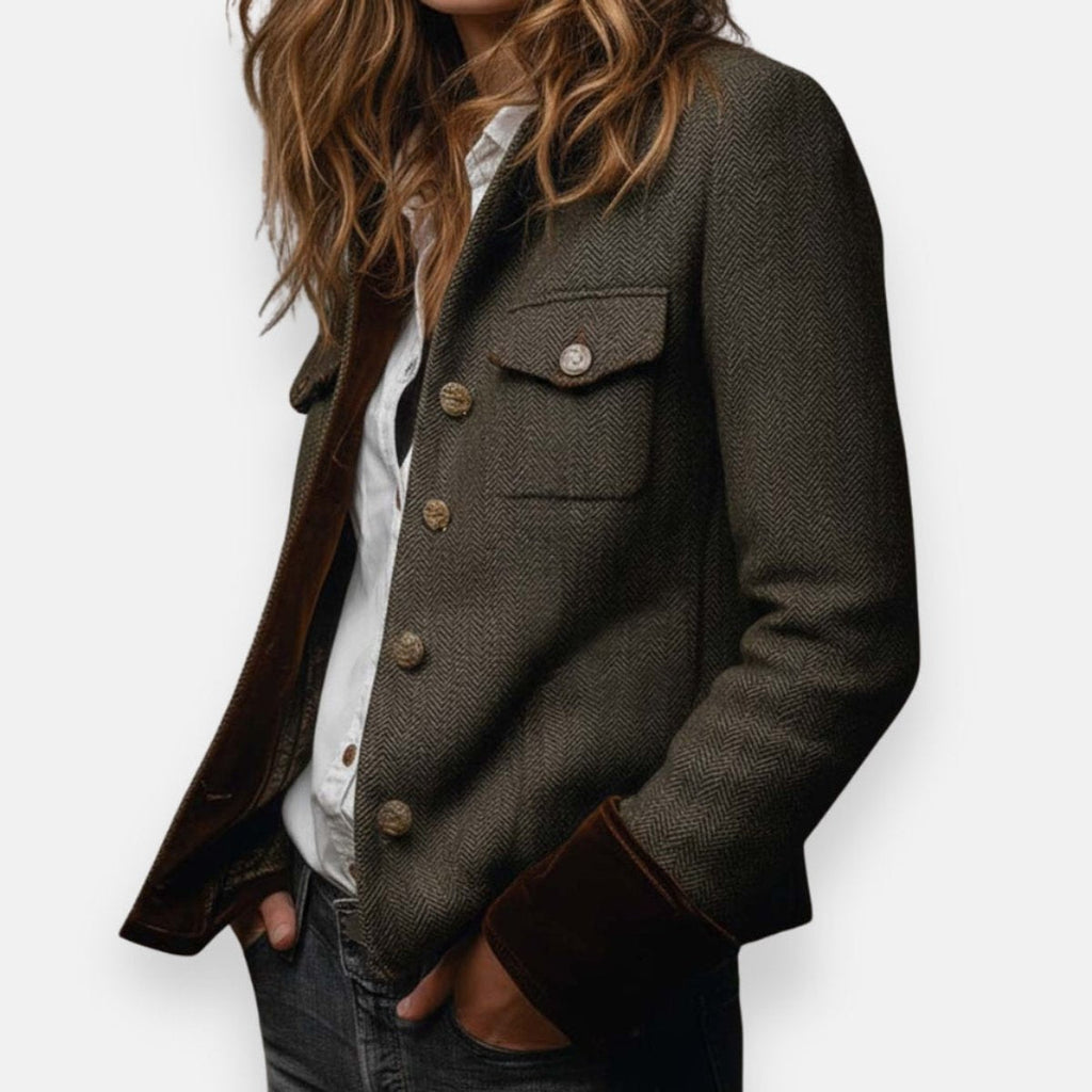 Victoria | Damen-Jacke im Military-Stil aus Tweed mit Fischgrätmuster und goldenen Knöpfen